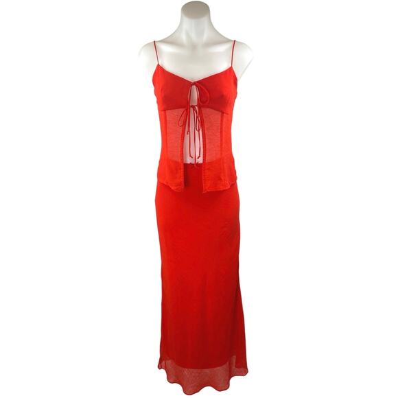 NIA Red Sleeveless Mesh Sheer Tie Cami Tank Top Midi Slip Skirt 2 Pc Set Size S